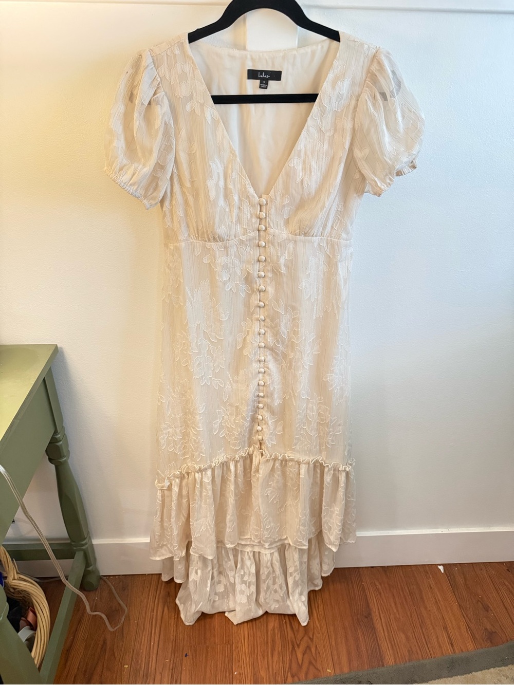 Lulu's Ivory Lace High-Low Midi Dress with Puff Sleeves